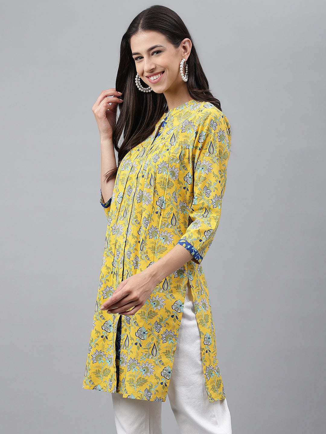Janasya Women's Yellow Cotton Floral Print Casual Empire Tunic 