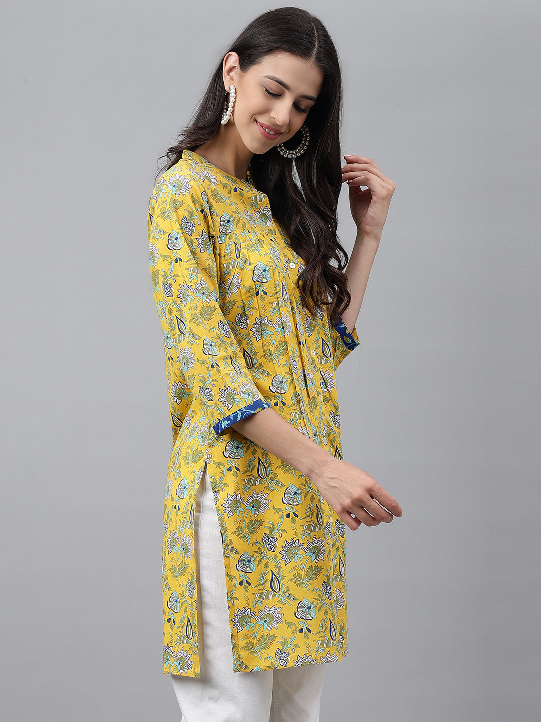Janasya Women's Yellow Cotton Floral Print Casual Empire Tunic 