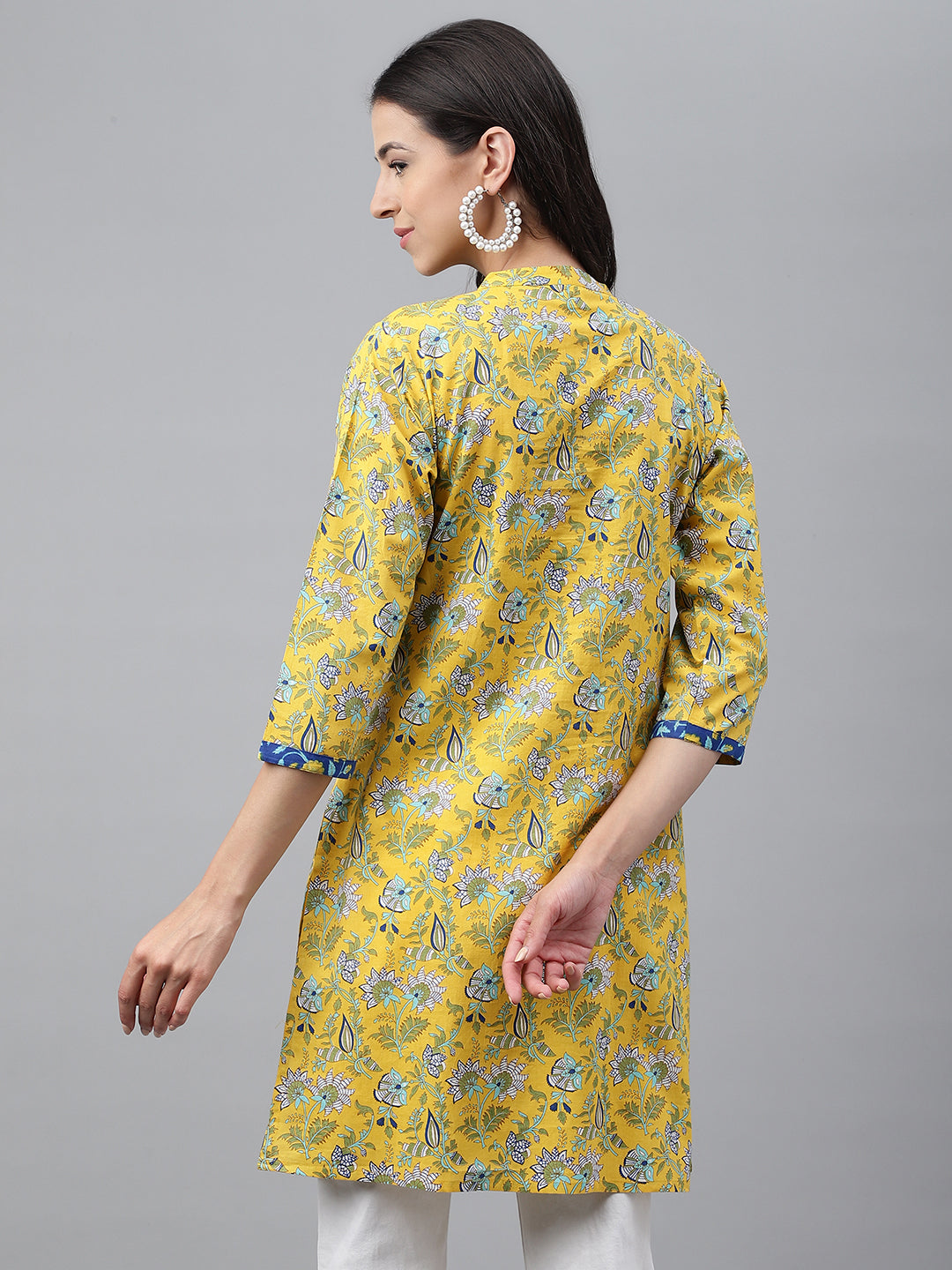 Janasya Women's Yellow Cotton Floral Print Casual Empire Tunic 