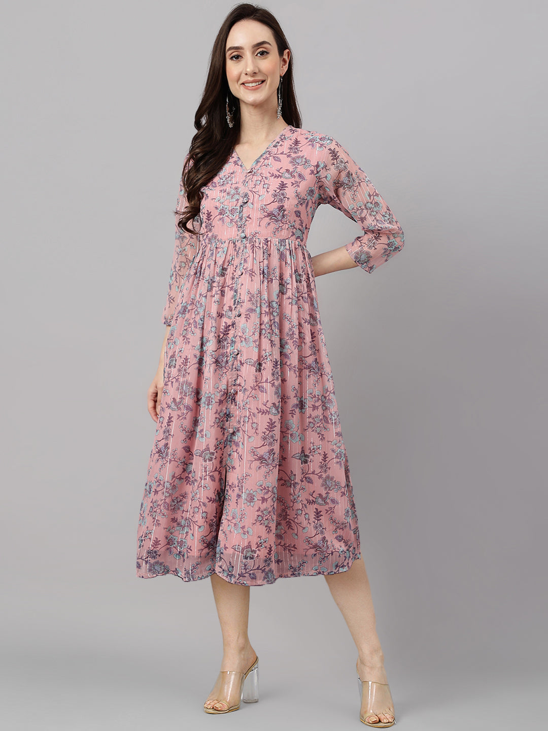 Janasya Women's Pink Chiffon Lurex Floral Printed Flared Casual Dress 