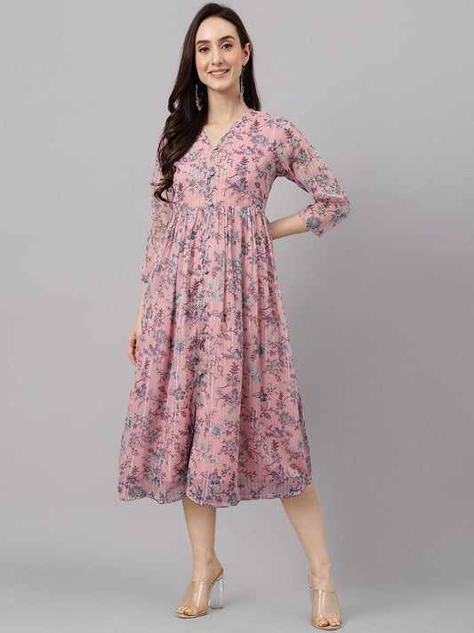 Janasya Women's Pink Chiffon Lurex Floral Printed Flared Casual Dress 