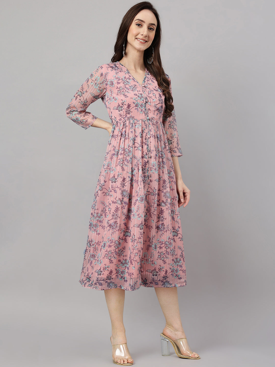 Janasya Women's Pink Chiffon Lurex Floral Printed Flared Casual Dress 