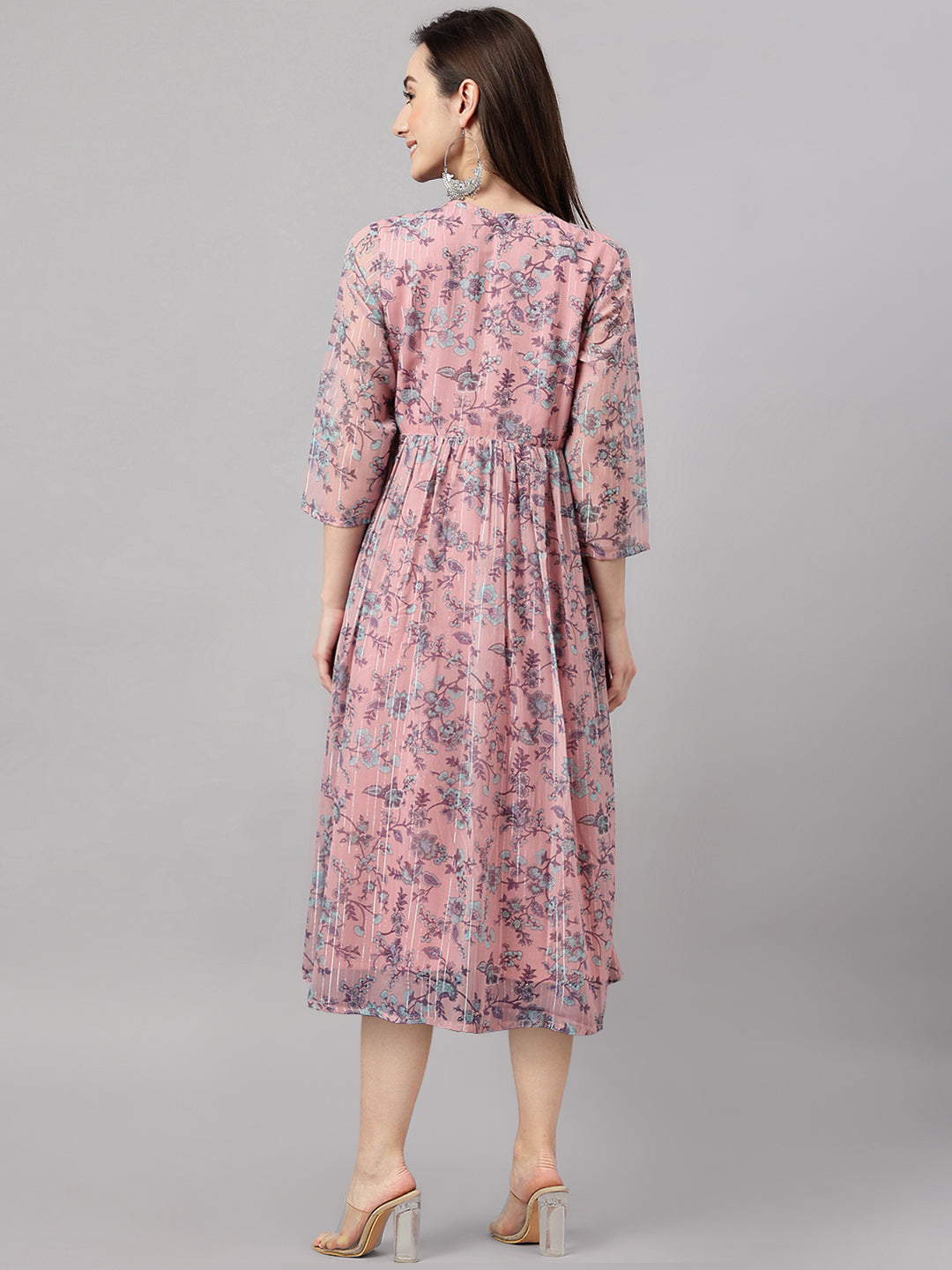 Janasya Women's Pink Chiffon Lurex Floral Printed Flared Casual Dress 