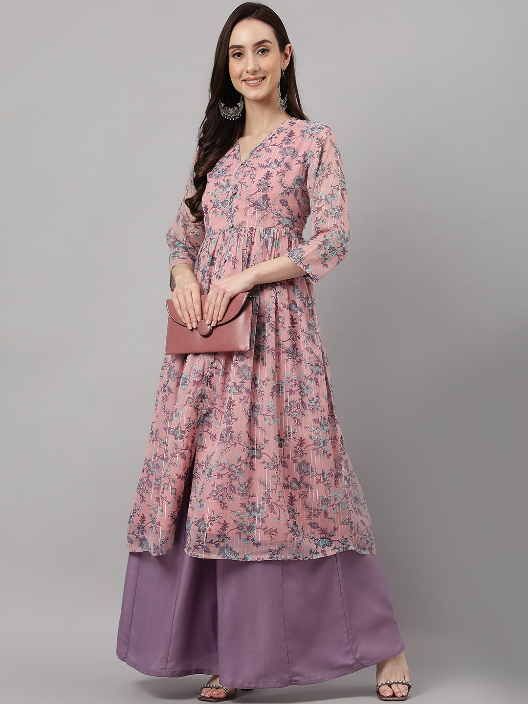 Janasya Women's Pink Chiffon Lurex Floral Printed Casual Flared Kurta 