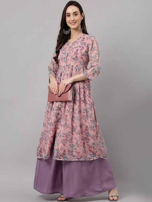 Janasya Women's Pink Chiffon Lurex Floral Printed Casual Flared Kurta 