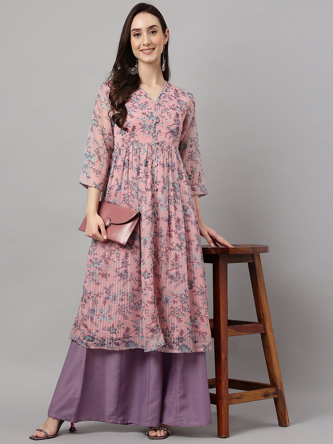 Janasya Women's Pink Chiffon Lurex Floral Printed Casual Flared Kurta 