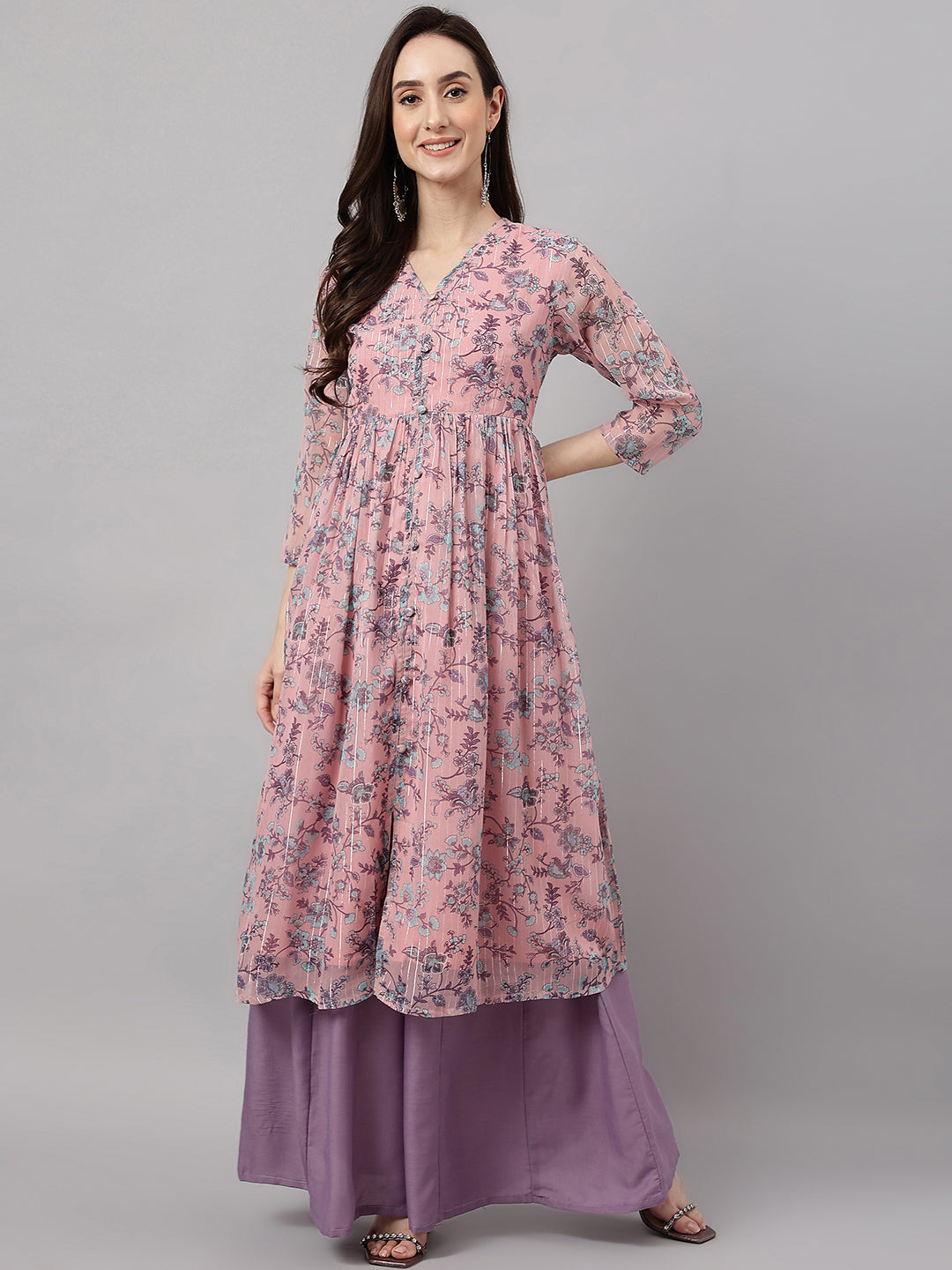 Janasya Women's Pink Chiffon Lurex Floral Printed Casual Flared Kurta 