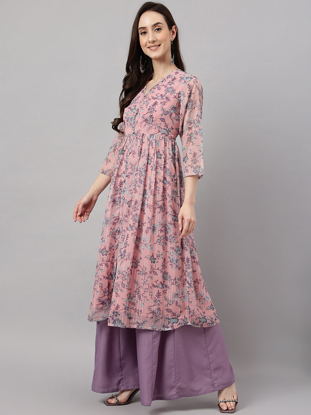 Janasya Women's Pink Chiffon Lurex Floral Printed Casual Flared Kurta 