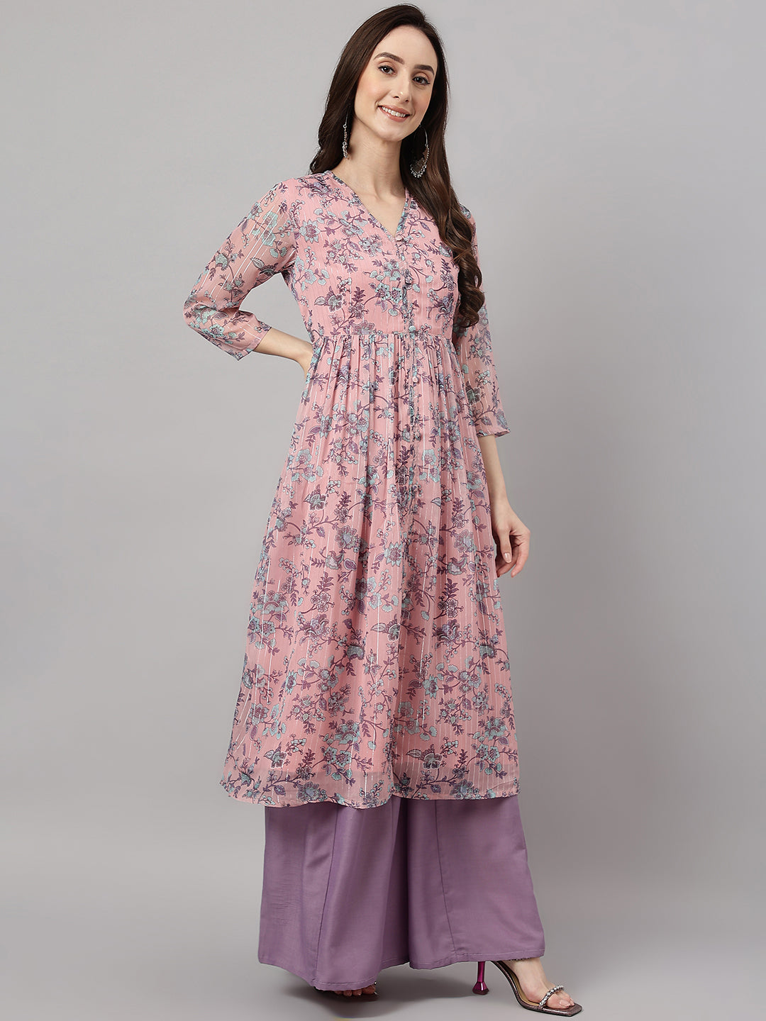 Janasya Women's Pink Chiffon Lurex Floral Printed Casual Flared Kurta 