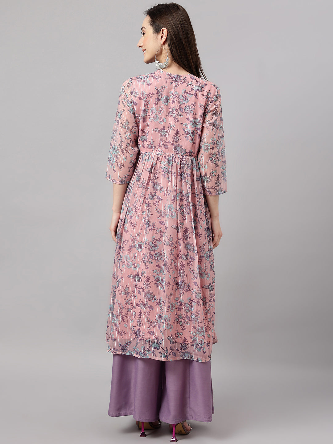Janasya Women's Pink Chiffon Lurex Floral Printed Casual Flared Kurta 