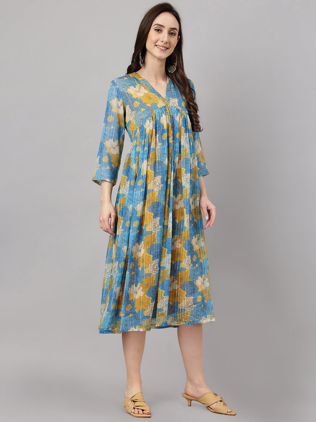 Janasya Women's Yellow Chiffon Lurex Floral Printed Flared Casual Dress 
