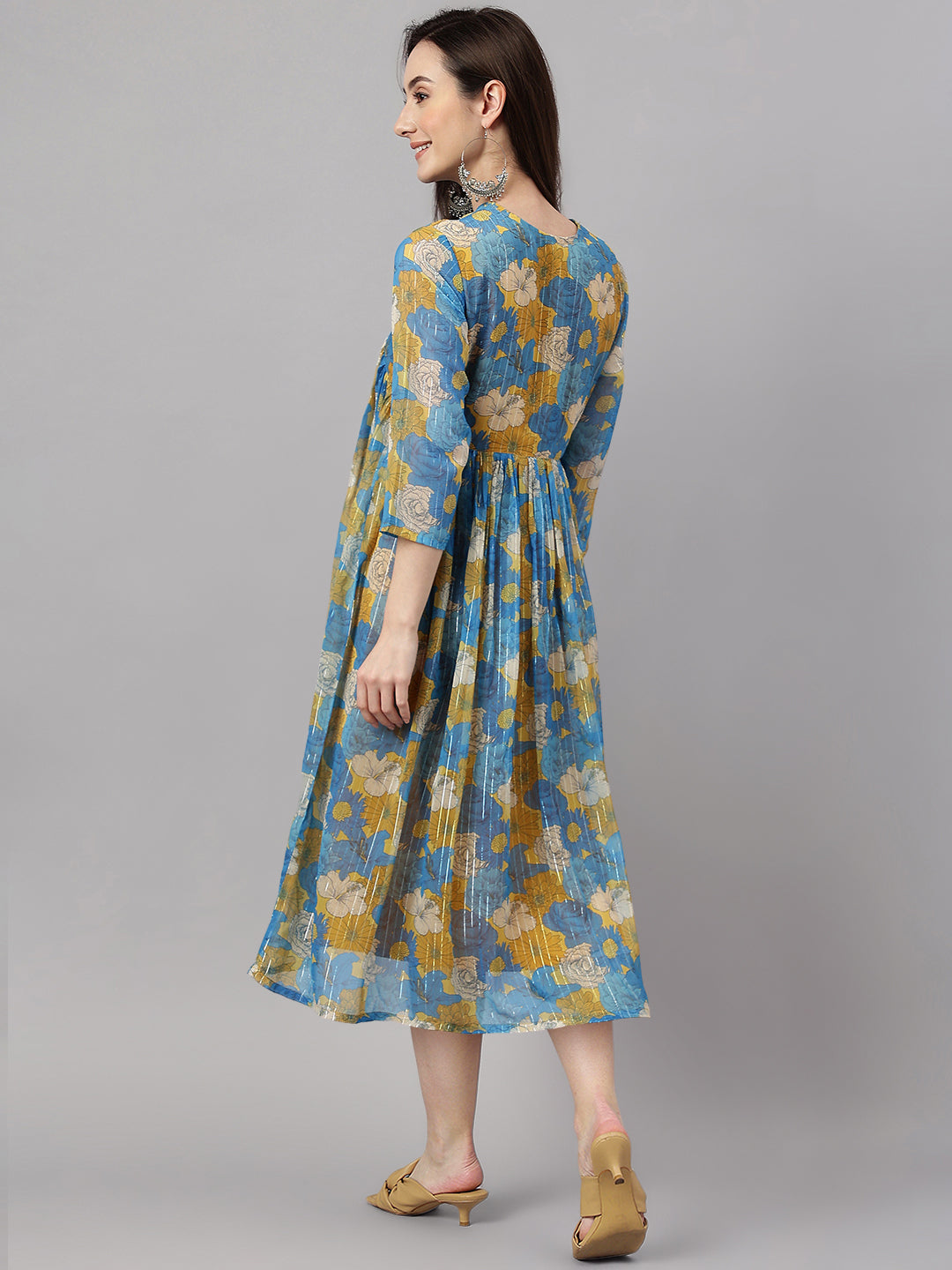 Janasya Women's Yellow Chiffon Lurex Floral Printed Flared Casual Dress 