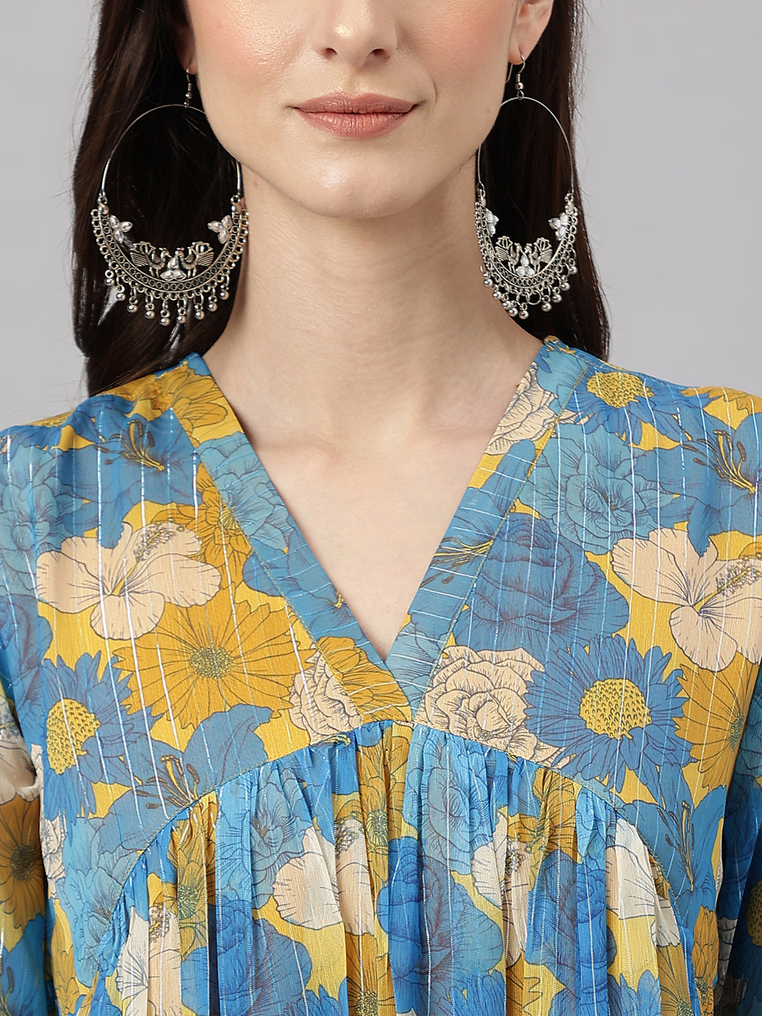 Janasya Women's Yellow Chiffon Lurex Floral Printed Casual flared Kurta 
