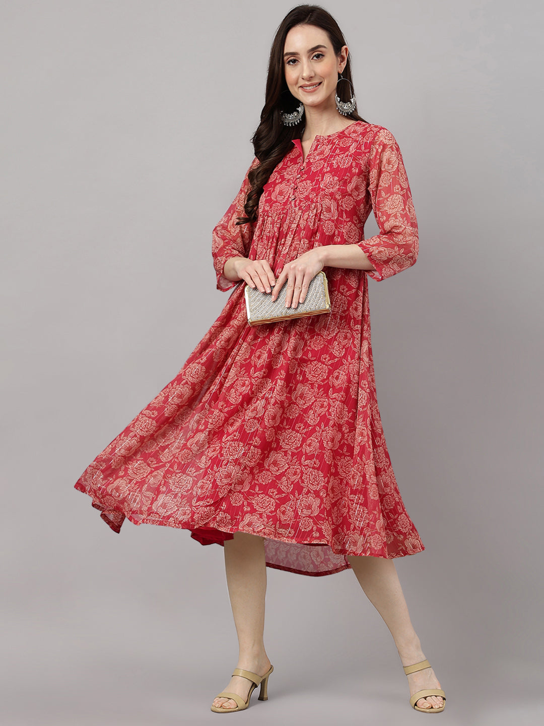 Indian Clothing Janasya Women's Dark Pink Chiffon Lurex Floral Printed Flared Casual Dress 