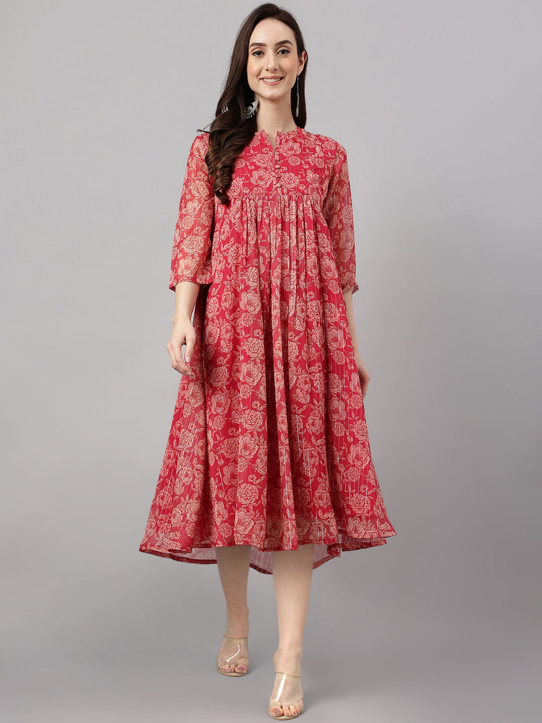 Indian Clothing Janasya Women's Dark Pink Chiffon Lurex Floral Printed Flared Casual Dress 