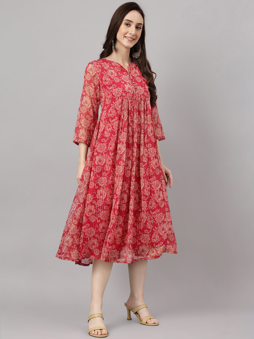 Indian Clothing Janasya Women's Dark Pink Chiffon Lurex Floral Printed Flared Casual Dress 