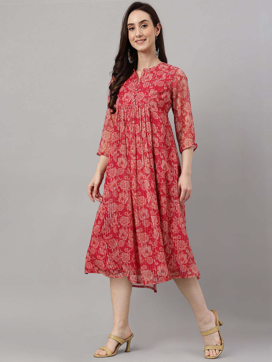 Indian Clothing Janasya Women's Dark Pink Chiffon Lurex Floral Printed Flared Casual Dress 