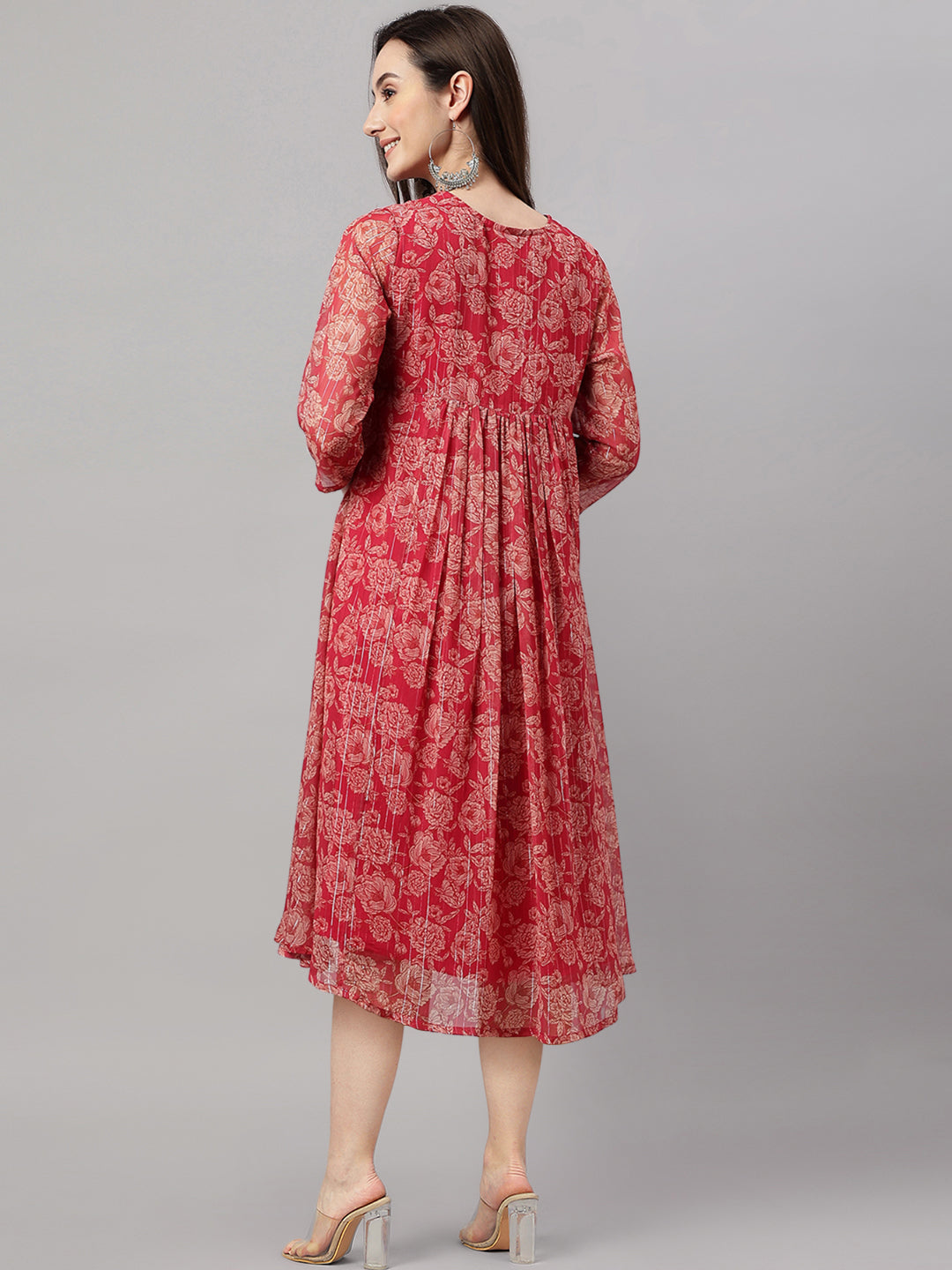 Indian Clothing Janasya Women's Dark Pink Chiffon Lurex Floral Printed Flared Casual Dress 