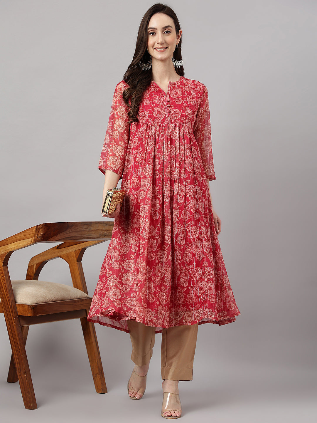 Indian Clothing Janasya Women's Dark Pink Chiffon Lurex Floral Printed Casual flared Kurta 
