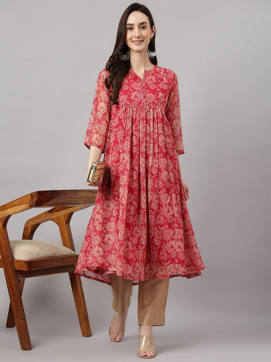 Indian Clothing Janasya Women's Dark Pink Chiffon Lurex Floral Printed Casual flared Kurta 