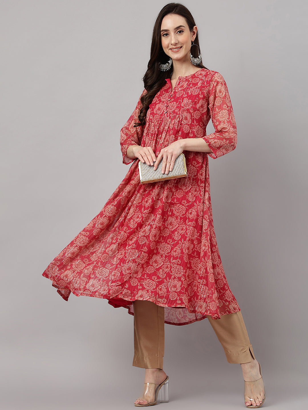 Indian Clothing Janasya Women's Dark Pink Chiffon Lurex Floral Printed Casual flared Kurta 