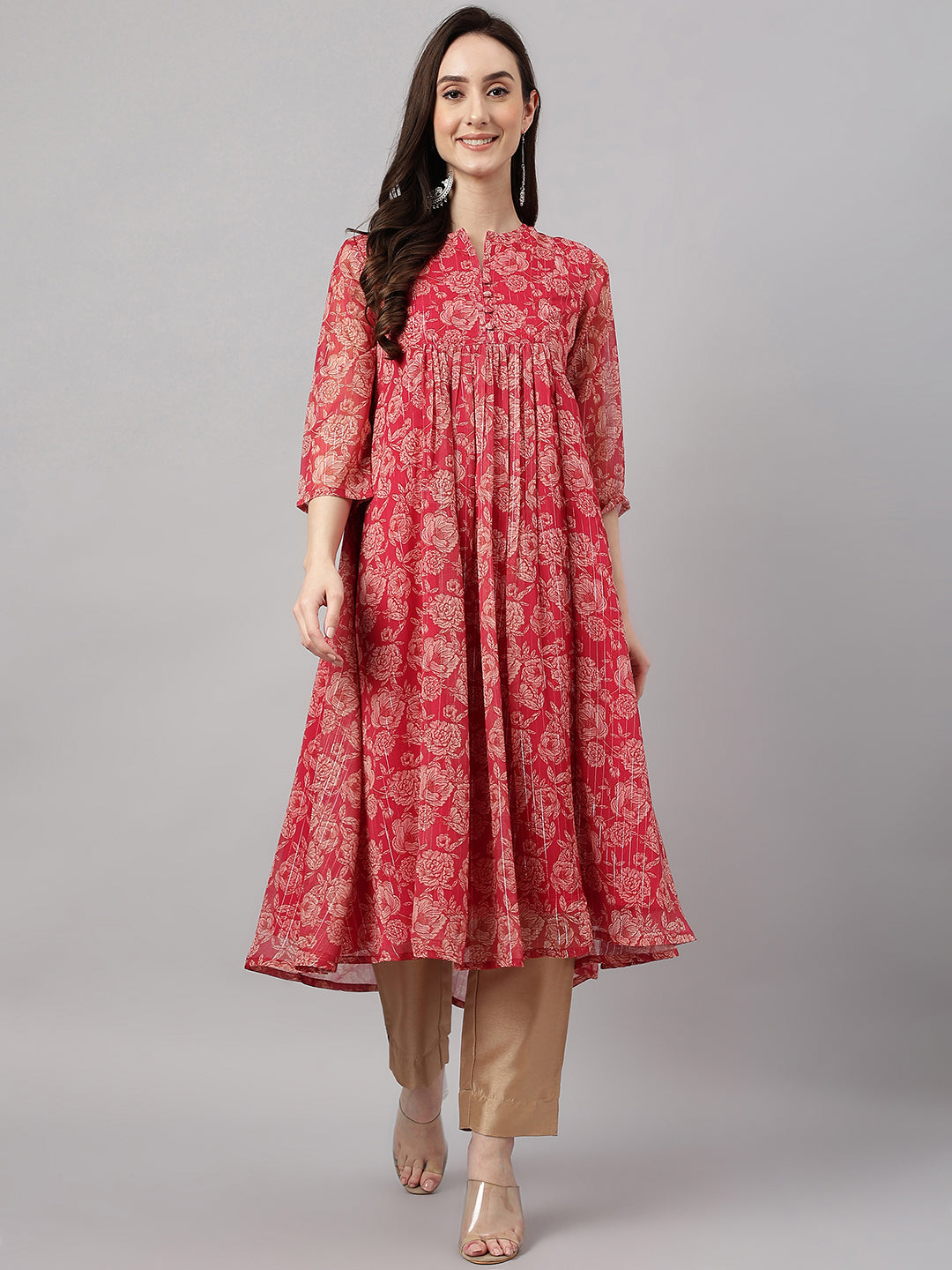 Indian Clothing Janasya Women's Dark Pink Chiffon Lurex Floral Printed Casual flared Kurta 
