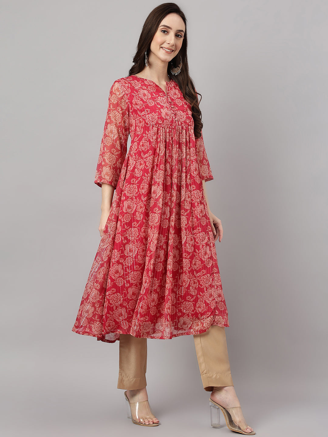 Indian Clothing Janasya Women's Dark Pink Chiffon Lurex Floral Printed Casual flared Kurta 