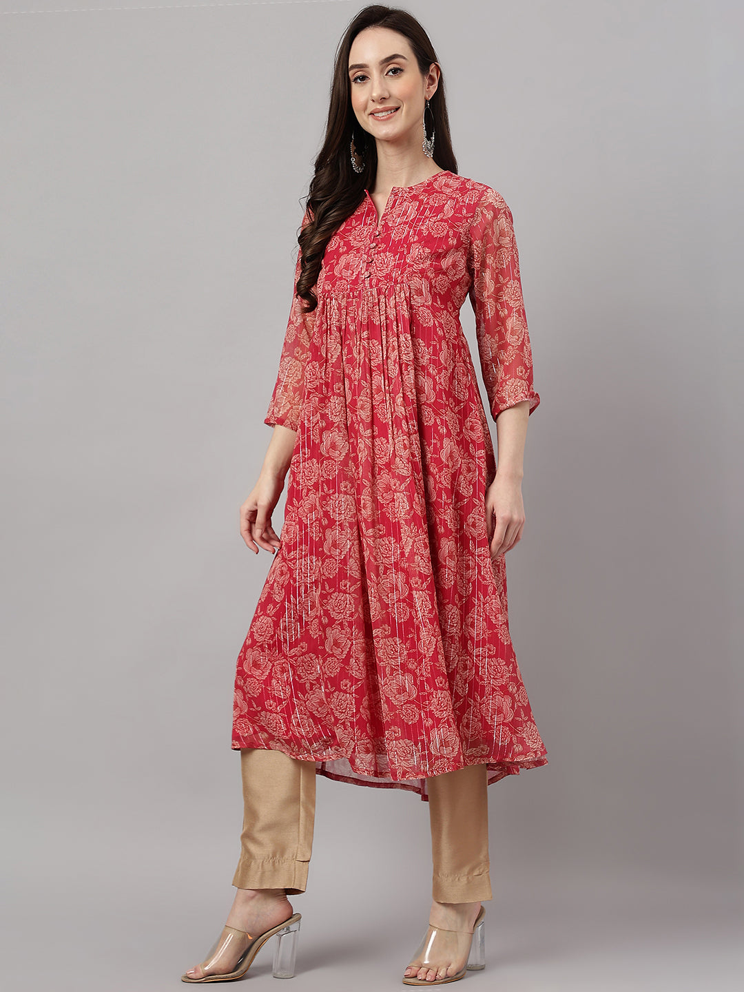 Indian Clothing Janasya Women's Dark Pink Chiffon Lurex Floral Printed Casual flared Kurta 