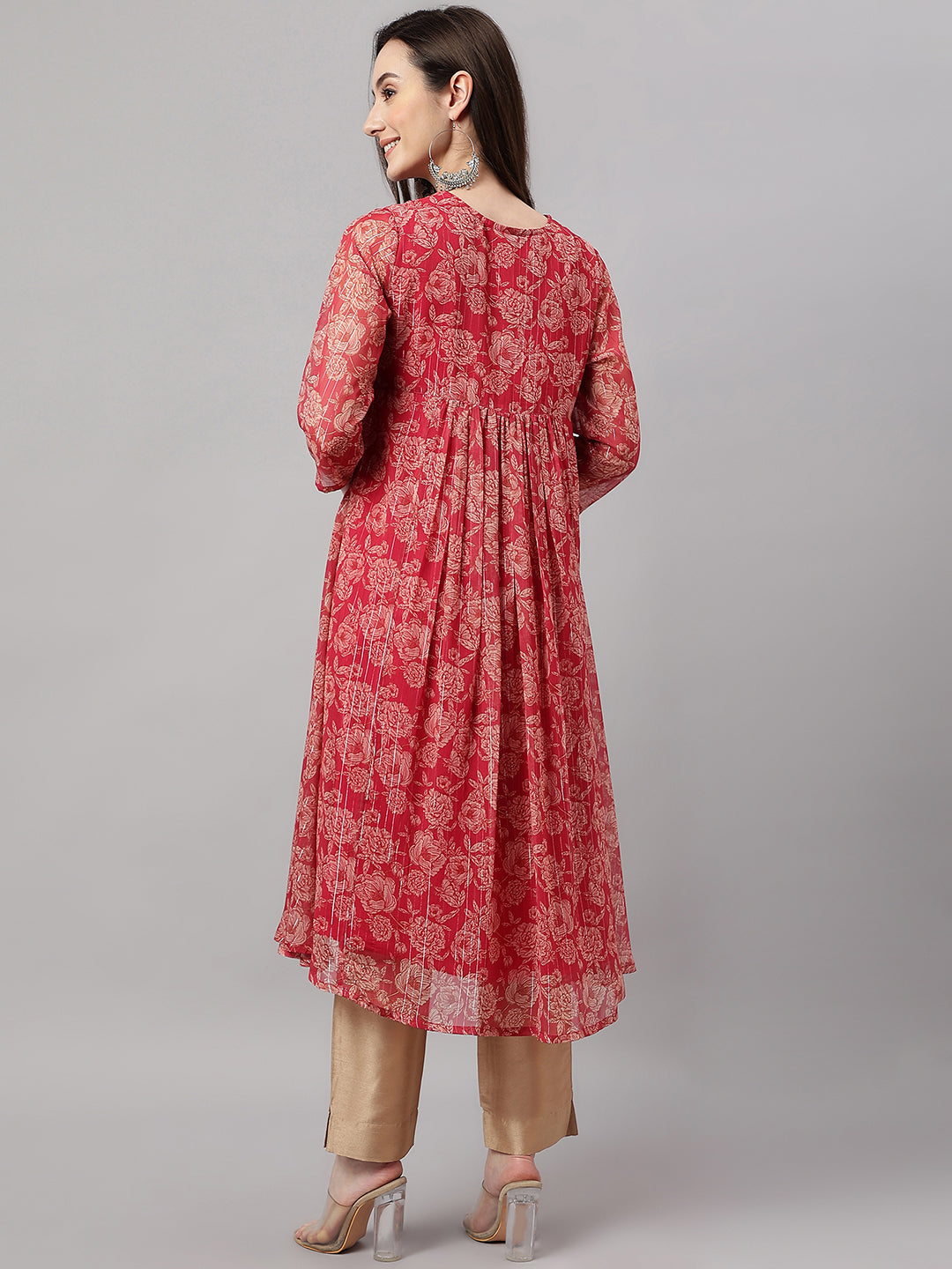 Indian Clothing Janasya Women's Dark Pink Chiffon Lurex Floral Printed Casual flared Kurta 