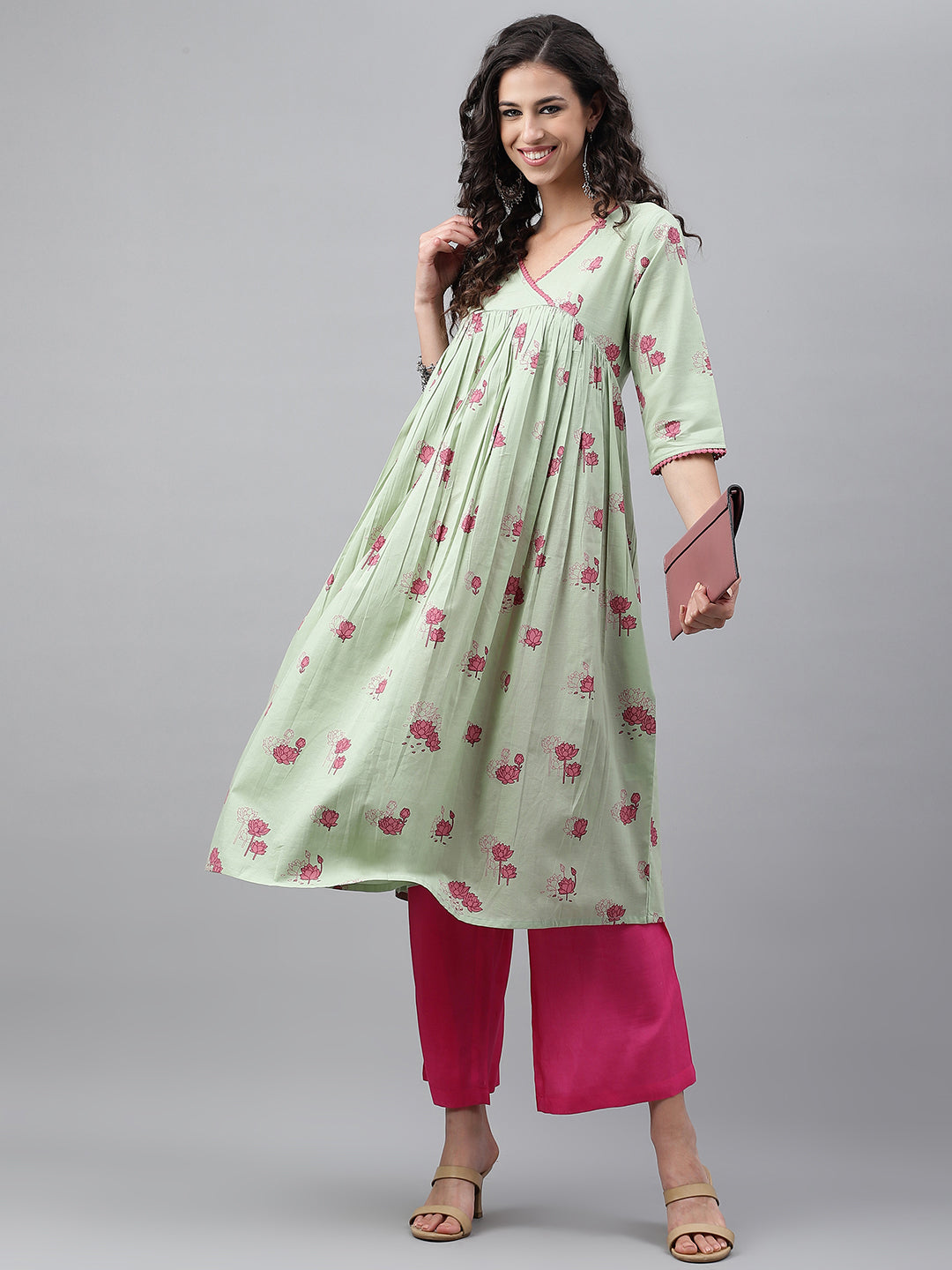 Janasya Women's Light Green Cotton Floral Printed Casual Flared Kurta 