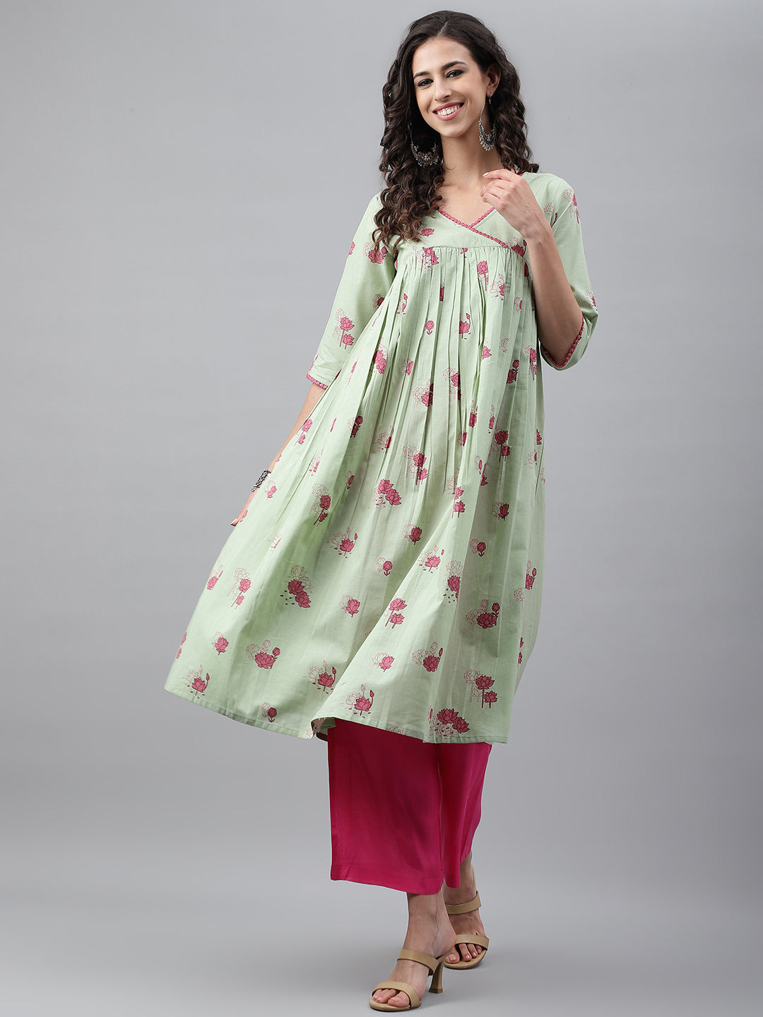 Janasya Women's Light Green Cotton Floral Printed Casual Flared Kurta 