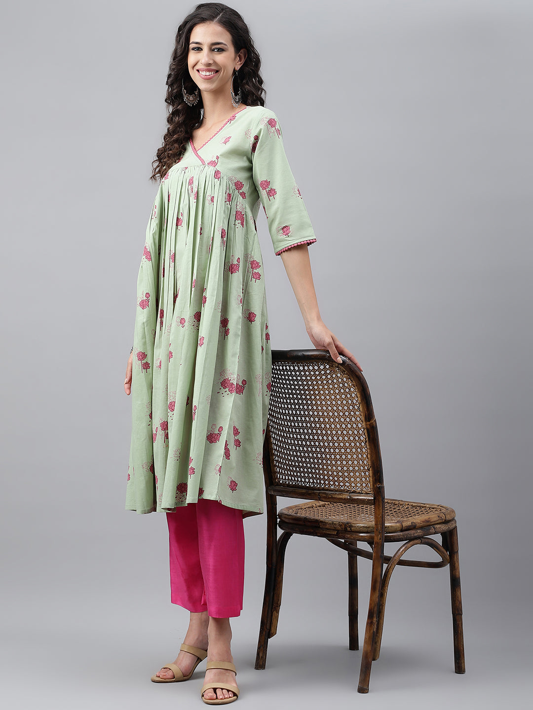 Janasya Women's Light Green Cotton Floral Printed Casual Flared Kurta 