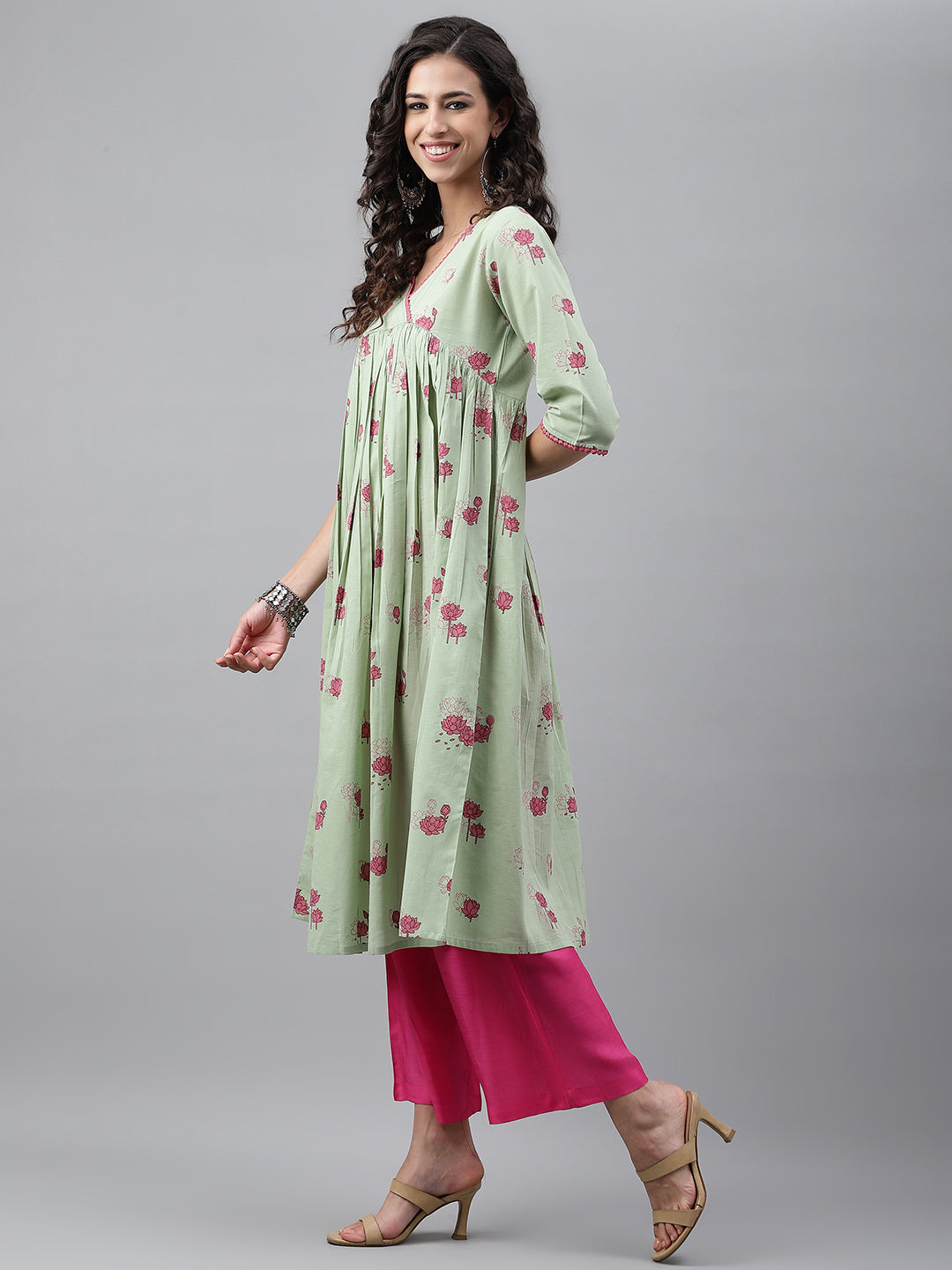 Janasya Women's Light Green Cotton Floral Printed Casual Flared Kurta 