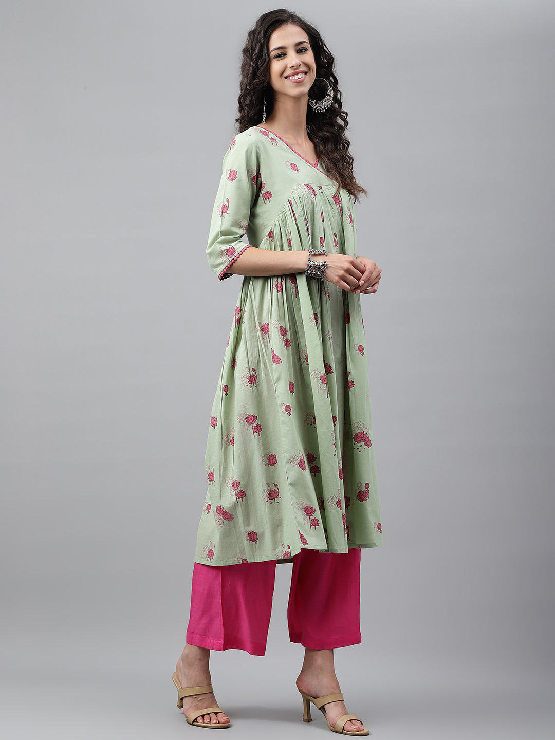Janasya Women's Light Green Cotton Floral Printed Casual Flared Kurta 