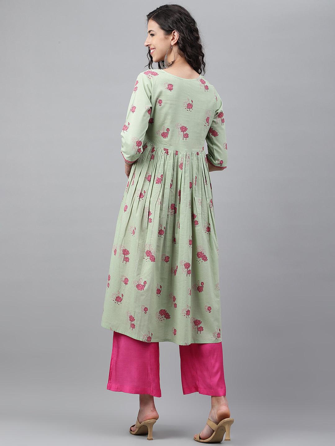 Janasya Women's Light Green Cotton Floral Printed Casual Flared Kurta 