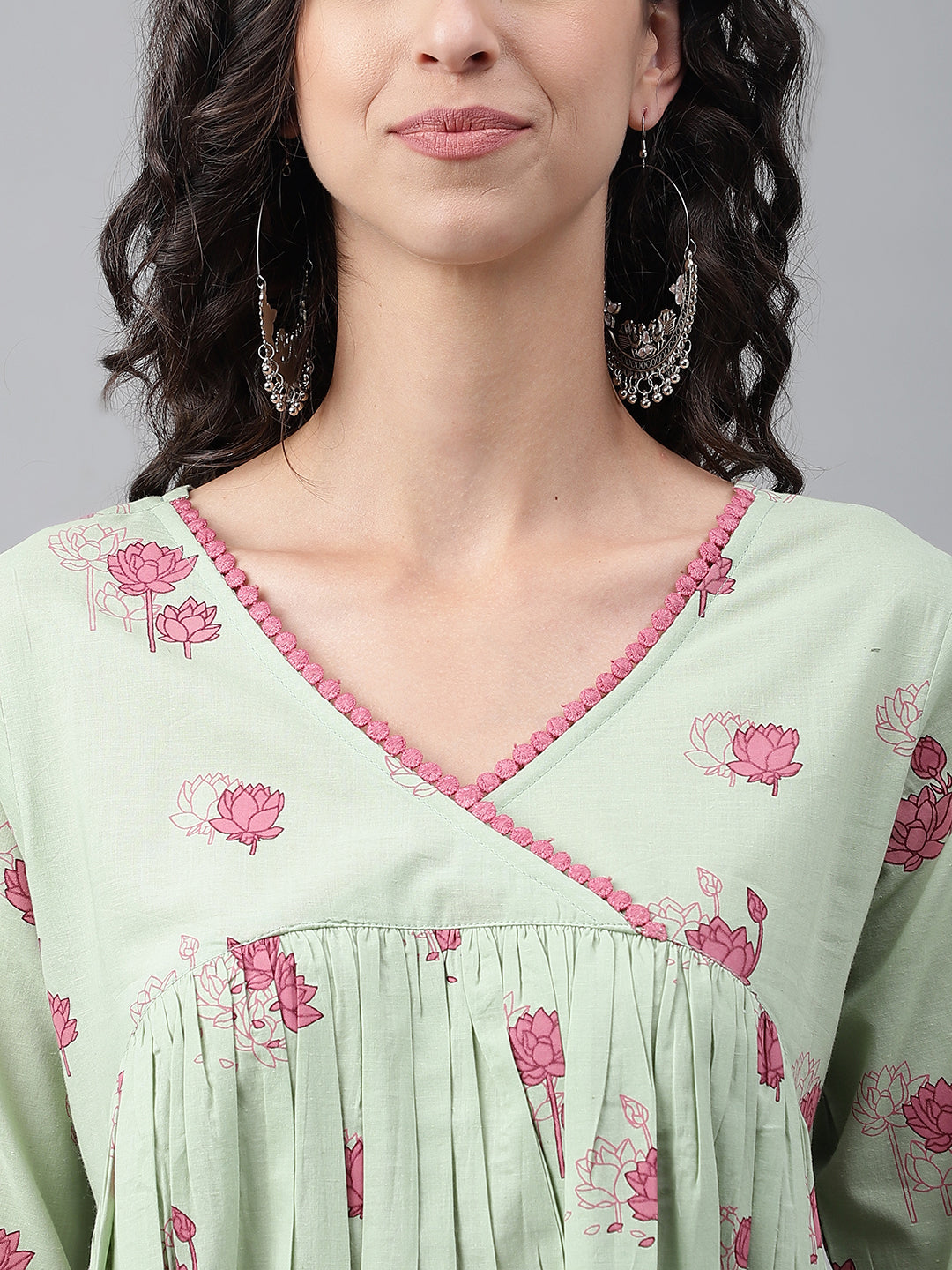 Janasya Women's Light Green Cotton Floral Printed Casual Flared Kurta 