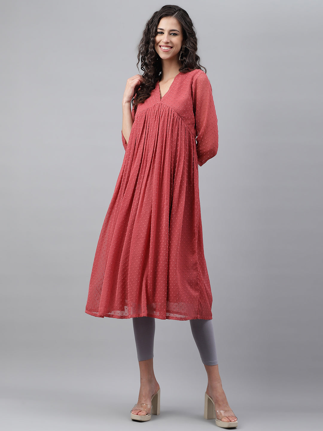 Janasya Women's Pink Dobby Chiffon Self Design Casual Empire Kurta 