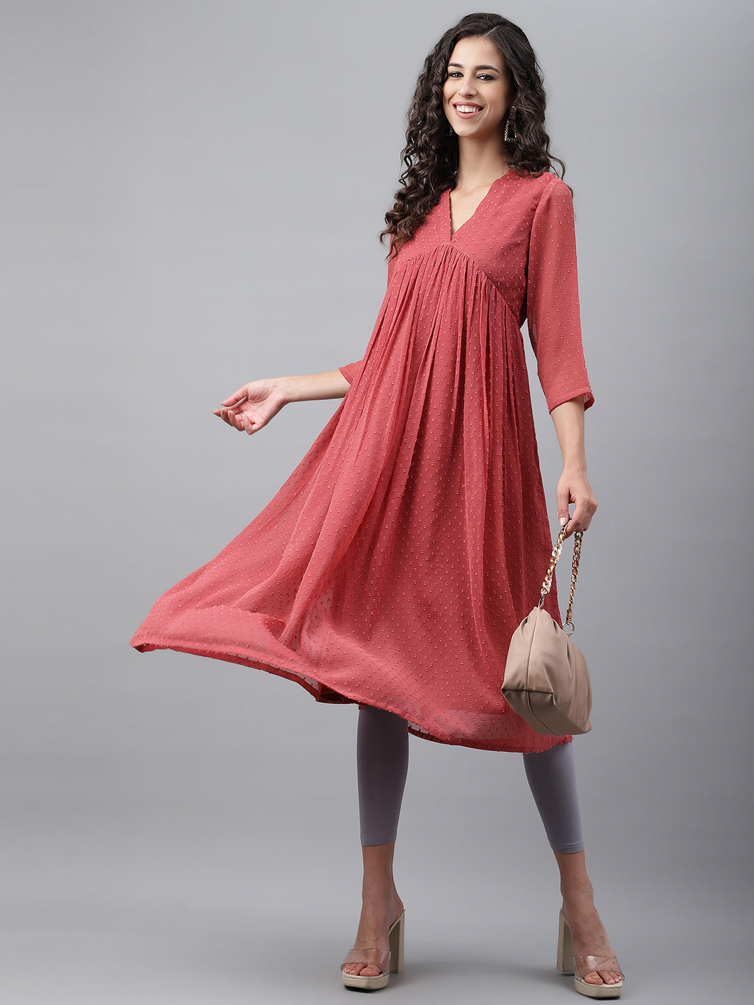 Janasya Women's Pink Dobby Chiffon Self Design Casual Empire Kurta 
