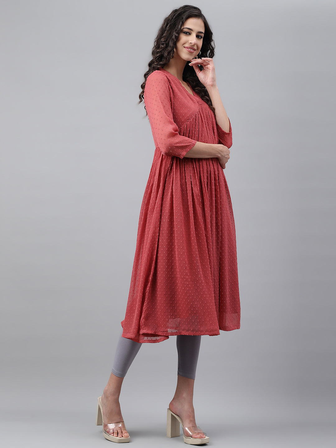Janasya Women's Pink Dobby Chiffon Self Design Casual Empire Kurta 
