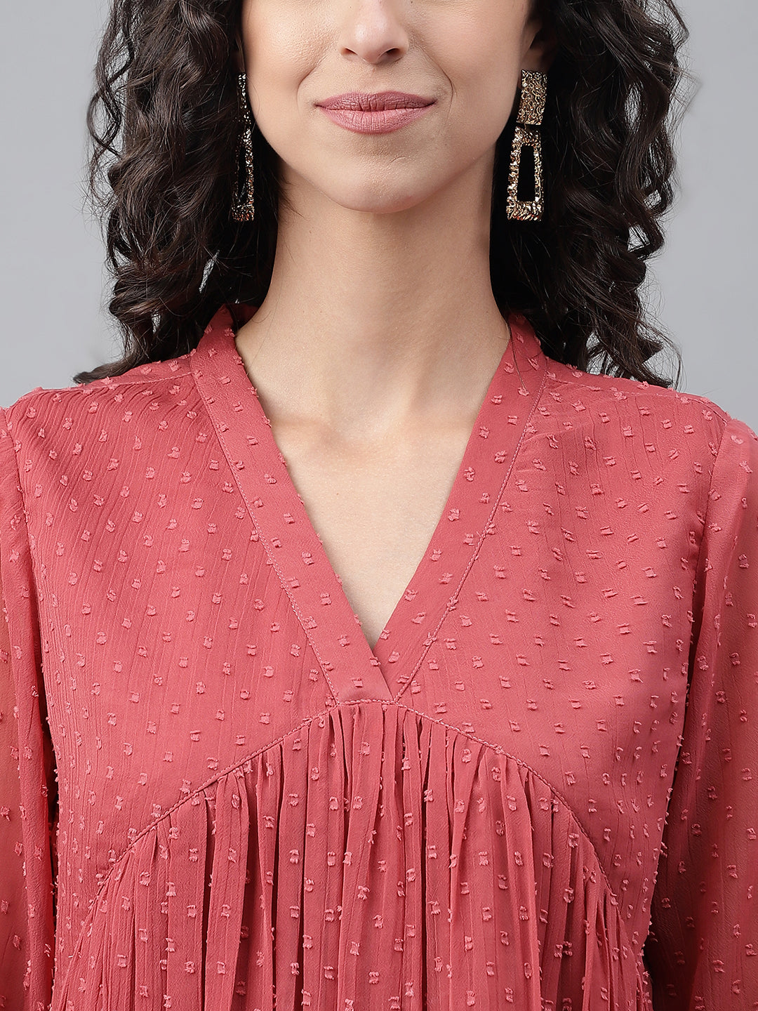 Janasya Women's Pink Dobby Chiffon Self Design Casual Empire Kurta 