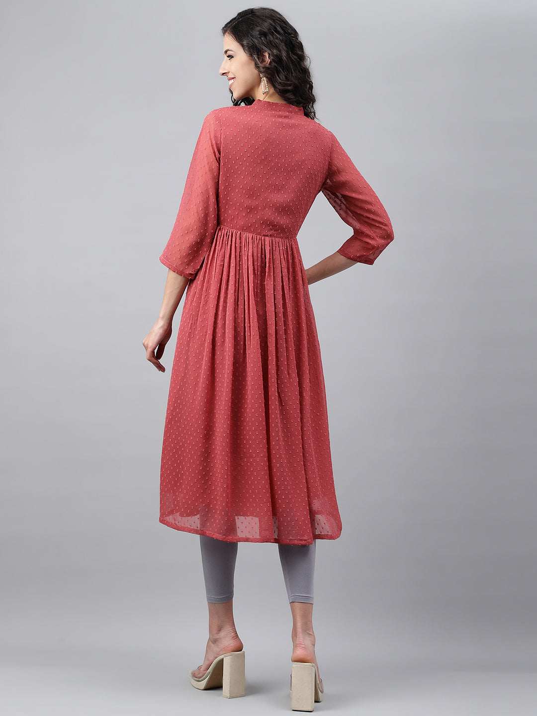 Janasya Women's Pink Dobby Chiffon Self Design Casual Empire Kurta 