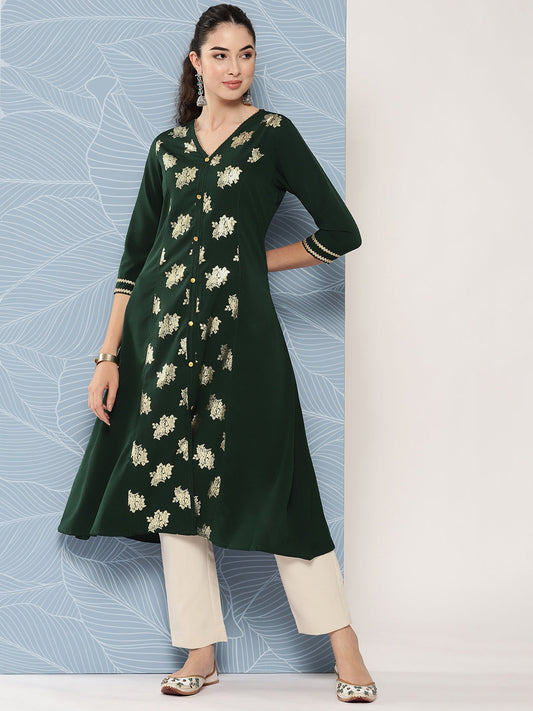 Janasya Women's Bottle Green Crepe Foil Printed Festive A-Line Kurta 