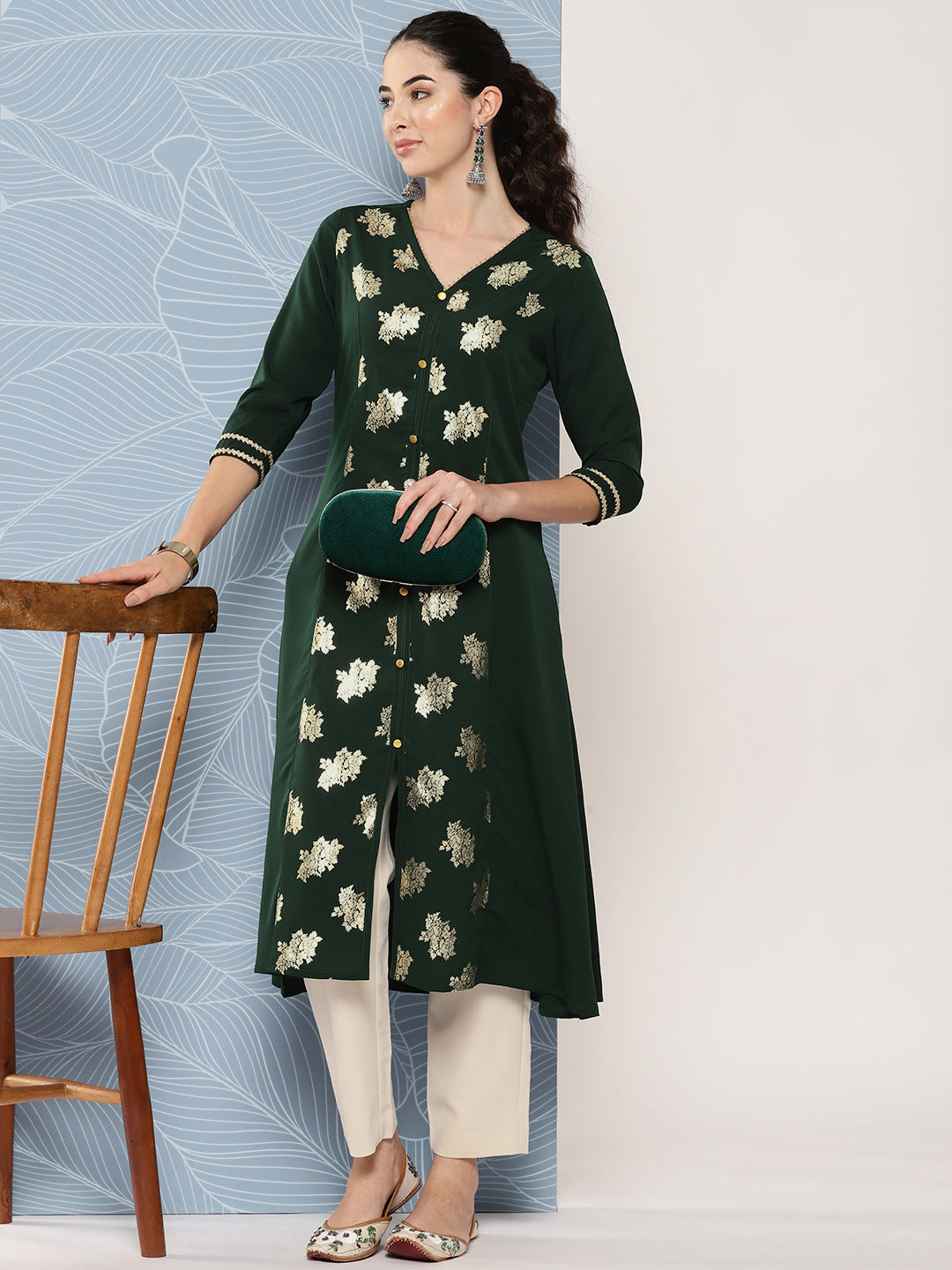 Janasya Women's Bottle Green Crepe Foil Printed Festive A-Line Kurta 