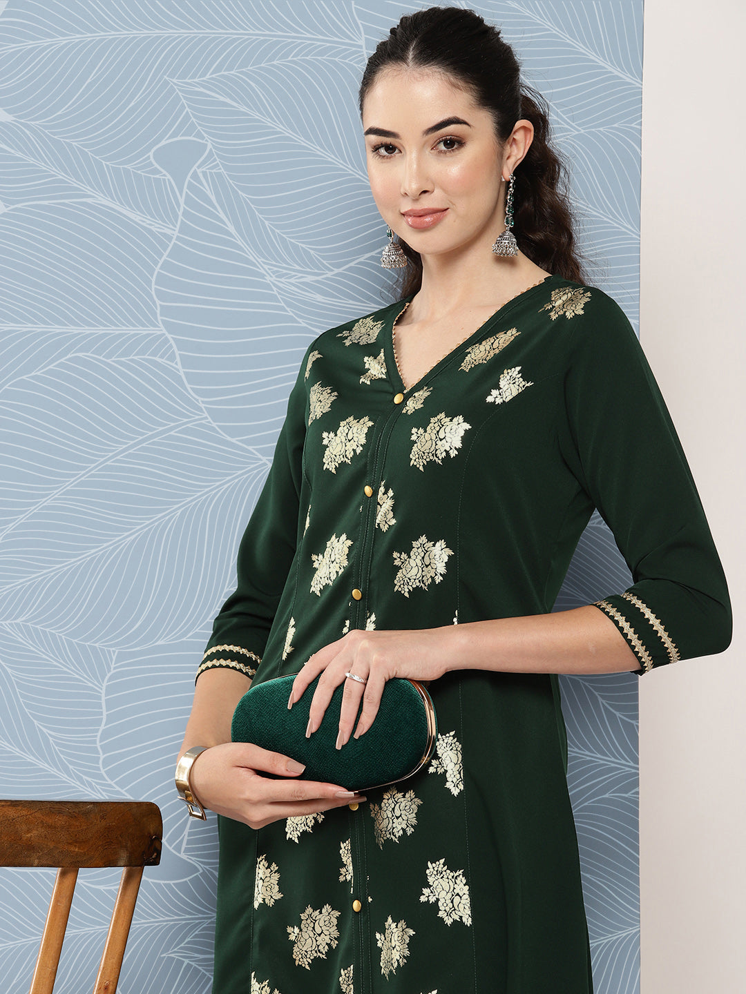 Janasya Women's Bottle Green Crepe Foil Printed Festive A-Line Kurta 