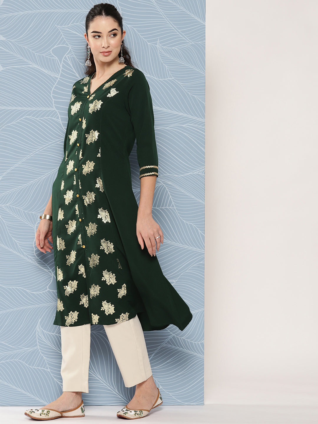 Janasya Women's Bottle Green Crepe Foil Printed Festive A-Line Kurta 