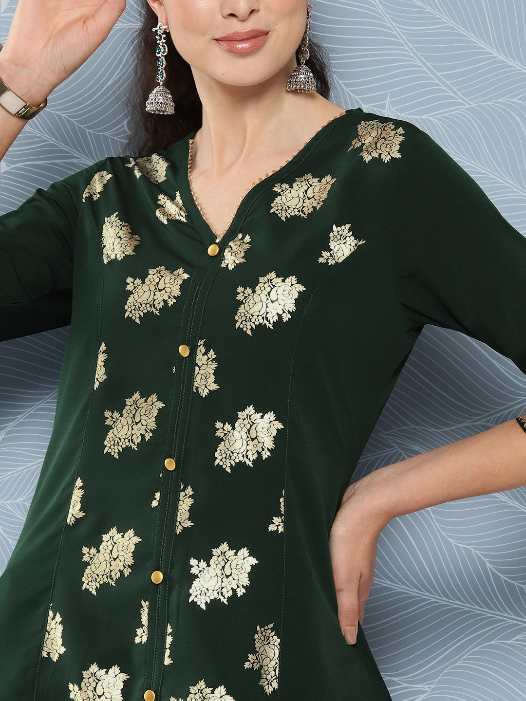 Janasya Women's Bottle Green Crepe Foil Printed Festive A-Line Kurta 