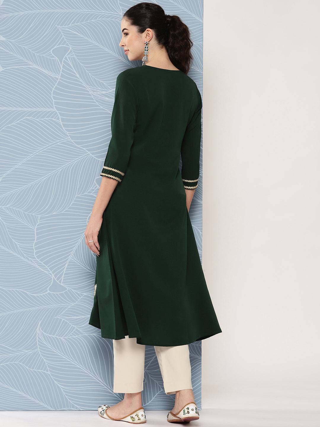 Janasya Women's Bottle Green Crepe Foil Printed Festive A-Line Kurta 