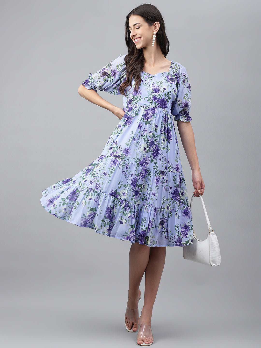 Janasya Women's Lavender Georgette Floral Printed Tiered Casual Dress 