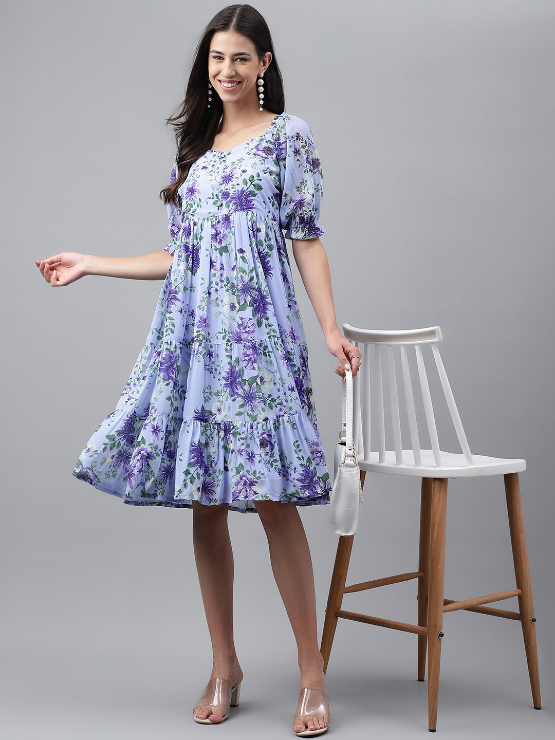 Janasya Women's Lavender Georgette Floral Printed Tiered Casual Dress 