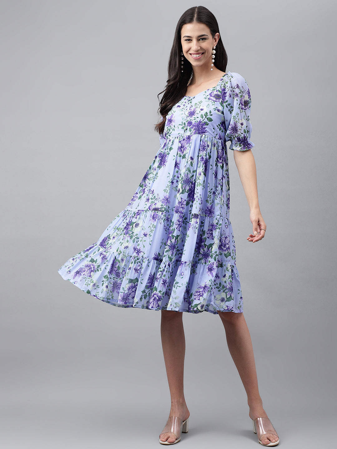 Janasya Women's Lavender Georgette Floral Printed Tiered Casual Dress 